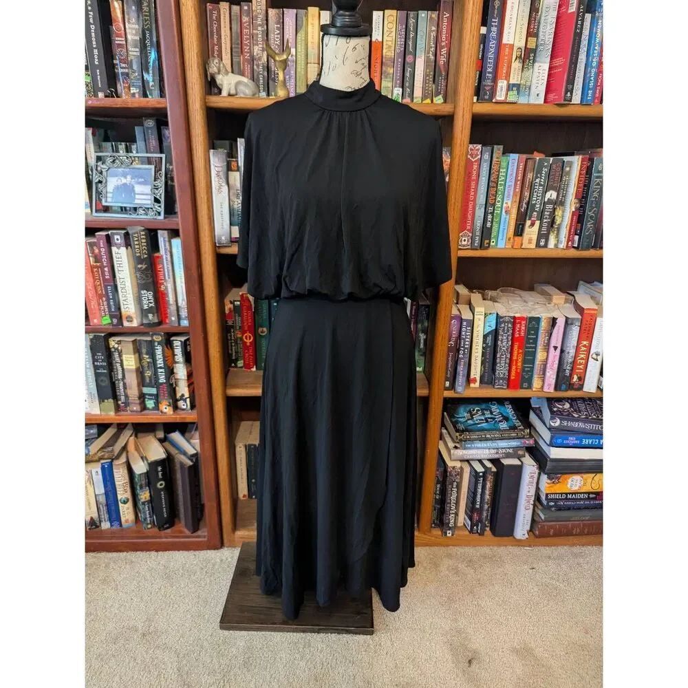 Black Ruffle Cold Shoulder Midi Dress Elastic Empire Waist Flowy Party Sun S